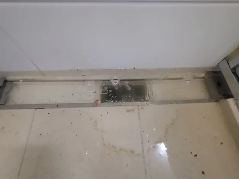 구미 욕실 벽 쪽 긴 배수구 주변에 고인 물